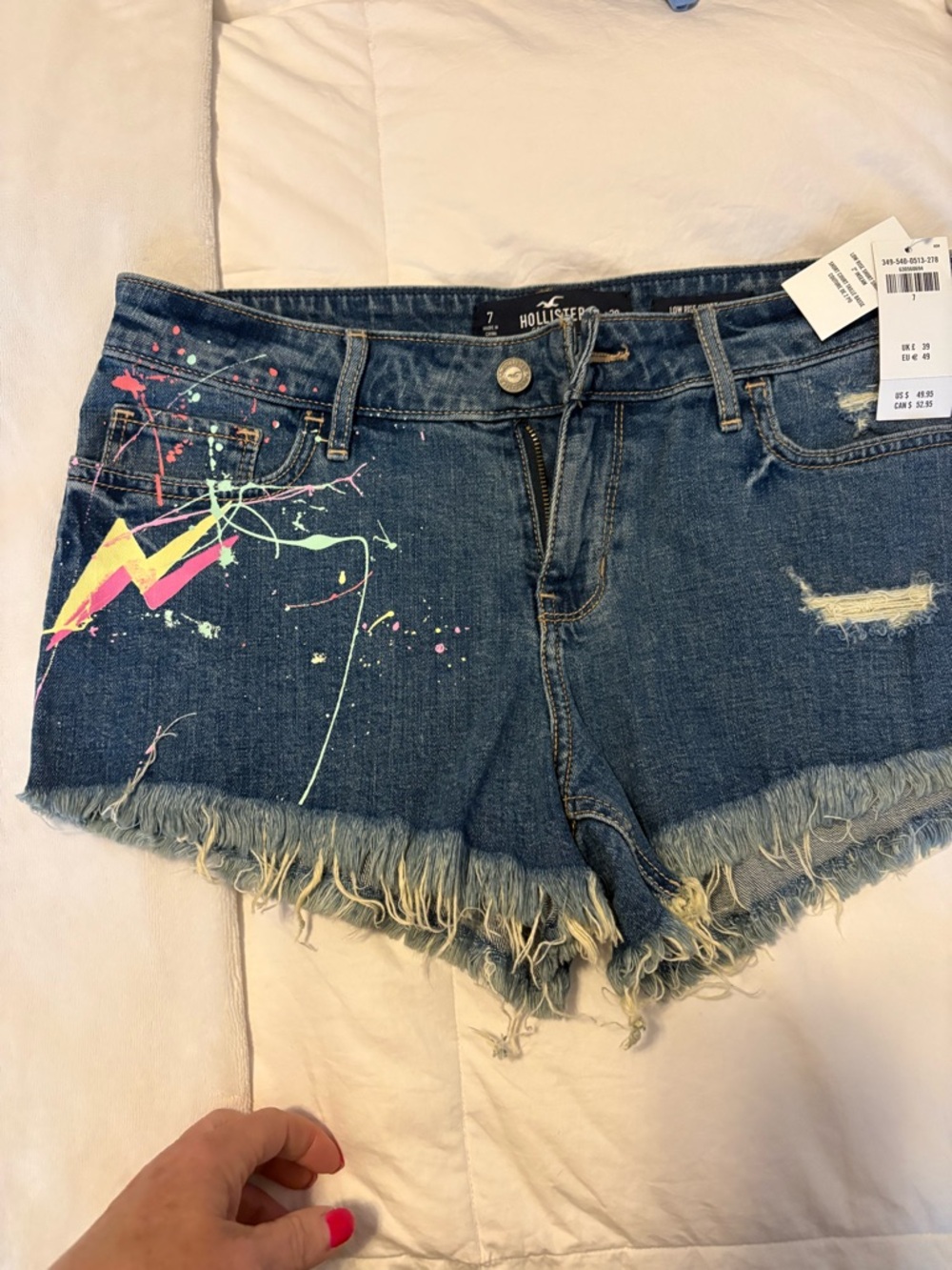 Hollister Dark Blue Denim Cutoff Shorts with Neon Paint Lightning - Picture 8 of 10